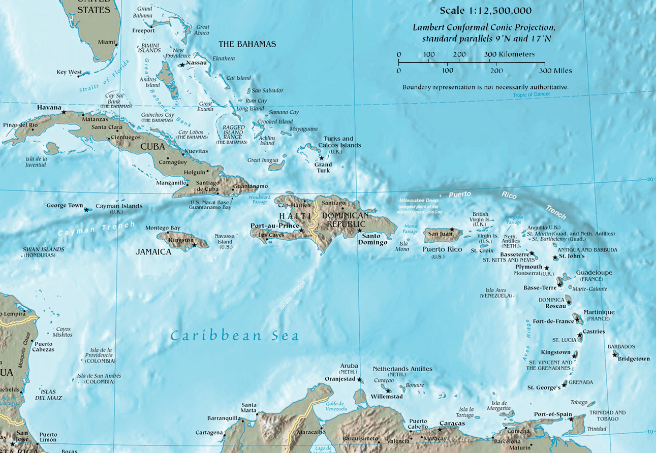 Mapa del Caribe y sus islas Antillas Mayores y Antillas Menores