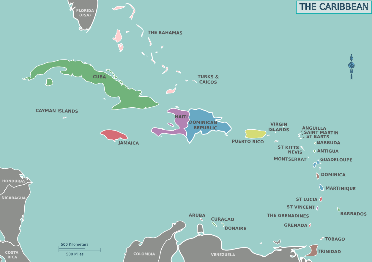 Mapa del Caribe y sus islas Antillas Mayores y Antillas Menores